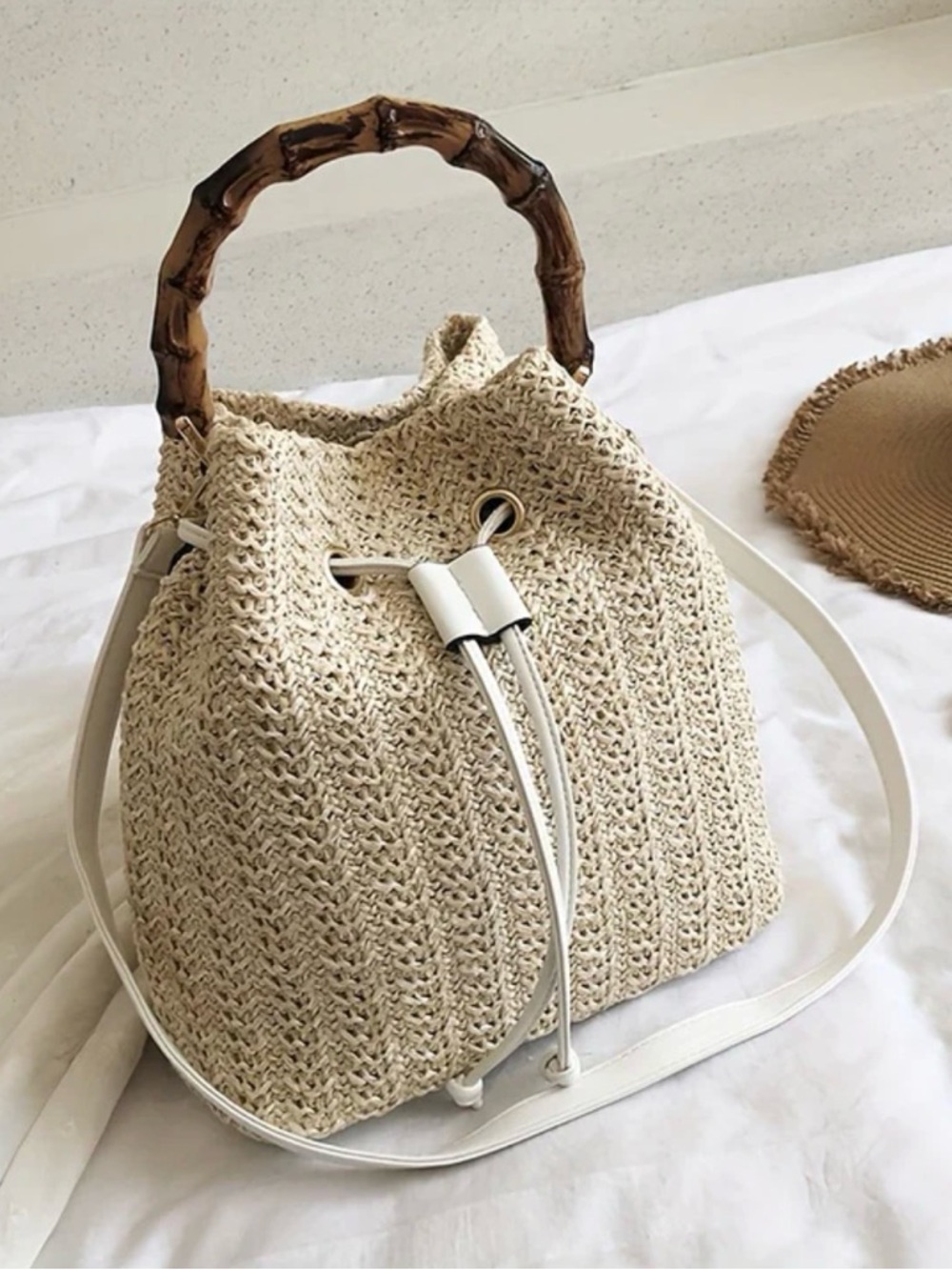Handwoven Cream Bucket Shoulder Bag with Bamboo Handle